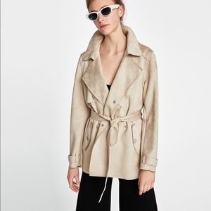Zara Faux Suede Short Trench Coat Jacket w/ Belt